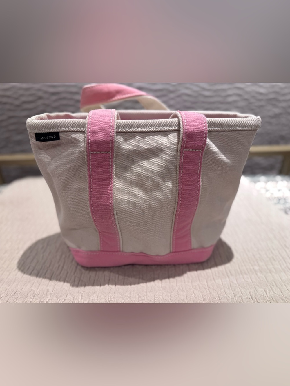 Land’s End Small 3 Pocket Open Top Long Handle Canvas Tote Bag in Pink